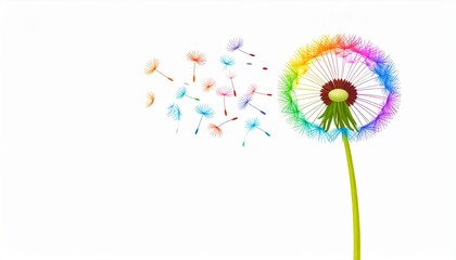 Rainbow Dandelion Seeds Floating Away on White Background Beautiful Nature Design