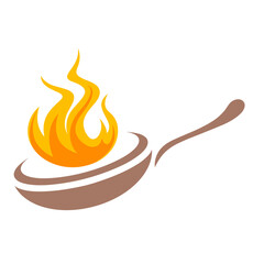 Frying pan with flames representing cooking or culinary action  