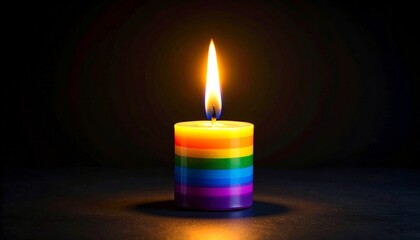 A single brightly lit rainbow candle burns in the dark A symbol of hope and remembrance