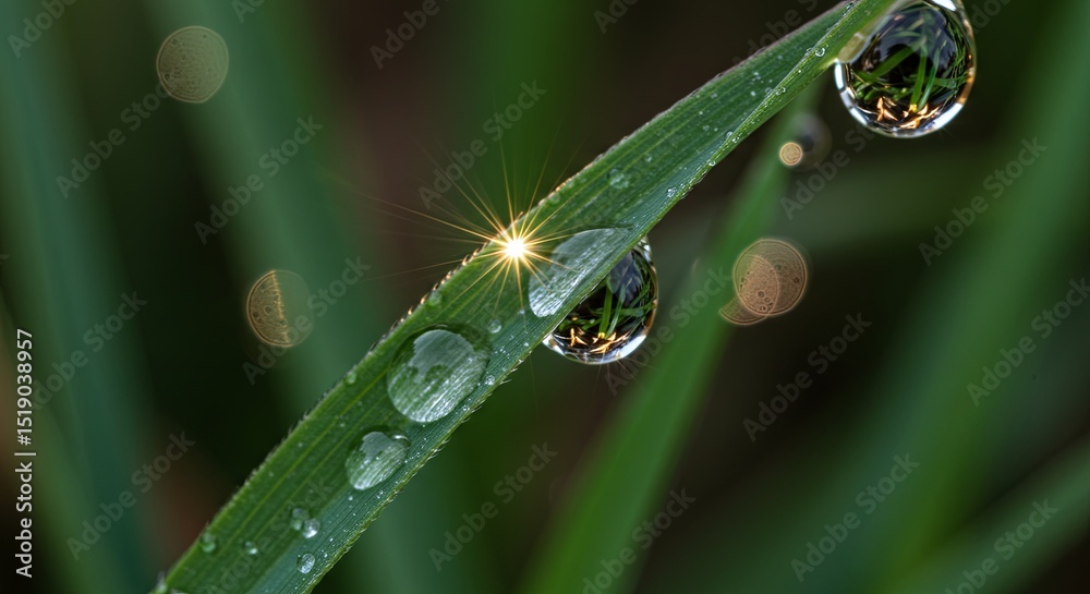 Aufkleber a leaf with water droplets on it and a sun shining on it
