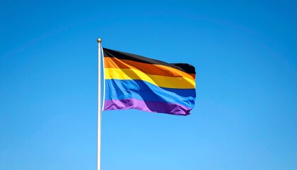 Gay Pride Multicolored Flag Waving Against a Vivid Blue Sky A symbol of LGBTQ rights and acceptance