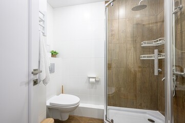 Bright bathroom featuring a glass shower stall with wood-look tiles, white walls, toilet, and towel rack. Clean and modern design