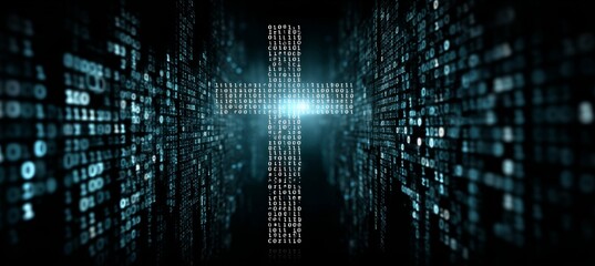 Jesus Cross on digital matrix space. Religion faith worship spirituality concept. Generative AI technology.	
