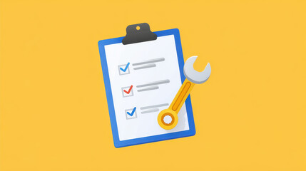 Minimal illustration of checklist clipboard with checkmarks and wrench, symbolizing tasks, maintenance, or repair work. design is simple and uses yellow background for contrast