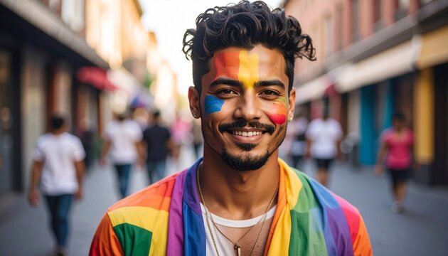 Happy young man with rainbow paint on his face smiles during a pride parade He wears a rainbow flag - Powered by Adobe
