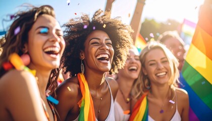 Happy diverse women celebrate joyfully at a pride parade laughing and enjoying confetti