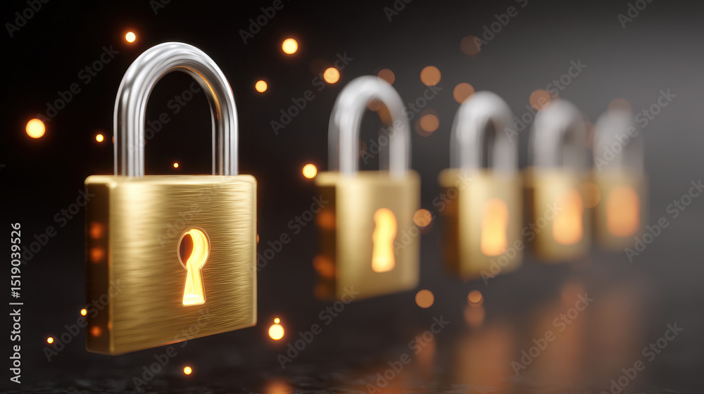 Poster golden padlocks glowing with light, symbolizing secure data transfer and protection, aligned in row 