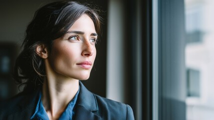 Confident professional businesswoman in formal attire gazing out office window, symbolizing ambition, focus, and career success.







