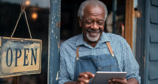 Cheerful mature entrepreneur managing online orders through digital tablet while standing near shop entrance, embodying small business success and technology adoption