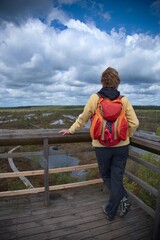 Rear view of mature woman standing by a wooden fence and looking at the swamp