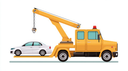 Naklejka premium Yellow tow truck lifting broken down white car with crane hook, isolated on white background. vehicle is depicted in clean and detailed style