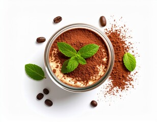 A delectable serving of classic tiramisu dessert is presented in a clear glass dish garnished with fresh mint leaves and cocoa powder accompanied by coffee beans on a pristine