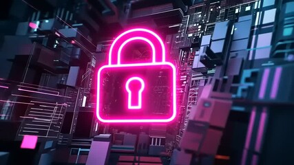 Futuristic digital lock symbolizing cybersecurity amidst a vibrant tech landscape with glowing elements - Powered by Adobe