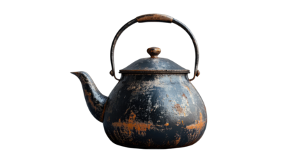 A dark, round teapot with a worn, mottled surface, showing age and use; a dark brown wooden handle and lid knob