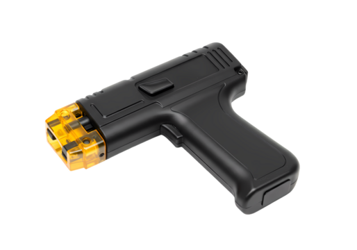 Closeup View of a Black and Gold Handheld Device isolated on transparent baackground