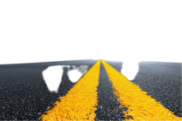 A low-angle perspective of a dark asphalt road with two yellow lines extending to a shadowed horizon. Three indistinct dark shapes are visible near the road's edge