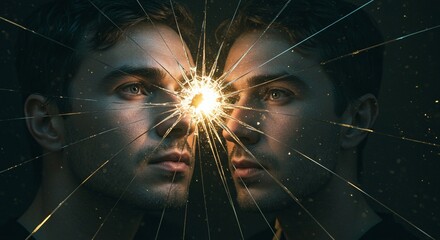 Shattered Reflection: Man's Portrait in Broken Mirror