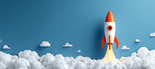 Rocket launch with copy space background. Space galaxy exploration vehicle. Banner or social media template. Generative AI technology.	

