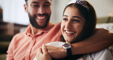 Hug, happy couple and smile in living room with love, bonding and weekend date in apartment....