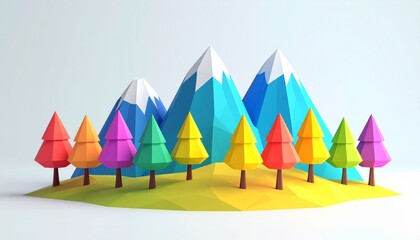 Colorful Low Poly Trees and Mountains Landscape Illustration Digital Art