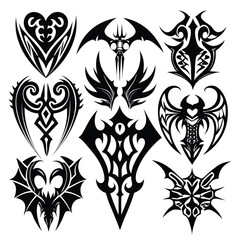 Mystical Emblem Array: A collection of dark, intricate emblem designs, embodying elements of fantasy and mythology, perfect for creative projects and symbolic representations.