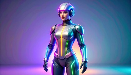 Futuristic Female Cyborg in Neon Lighting Posing for a Sci Fi Game or Film