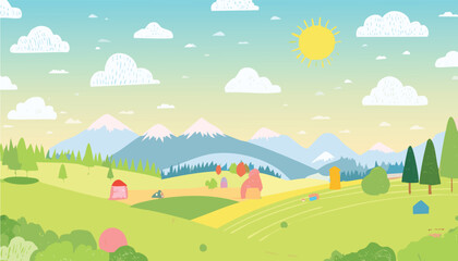 village vector art.land, design element, village, illustration, flat design, house, nature, outdoors, rural scene, vector, agricultural field, agriculture, farm, summer, landscape - scenery, backgroun