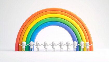 Happy figures holding hands under a vibrant rainbow arch symbolizing unity and joy