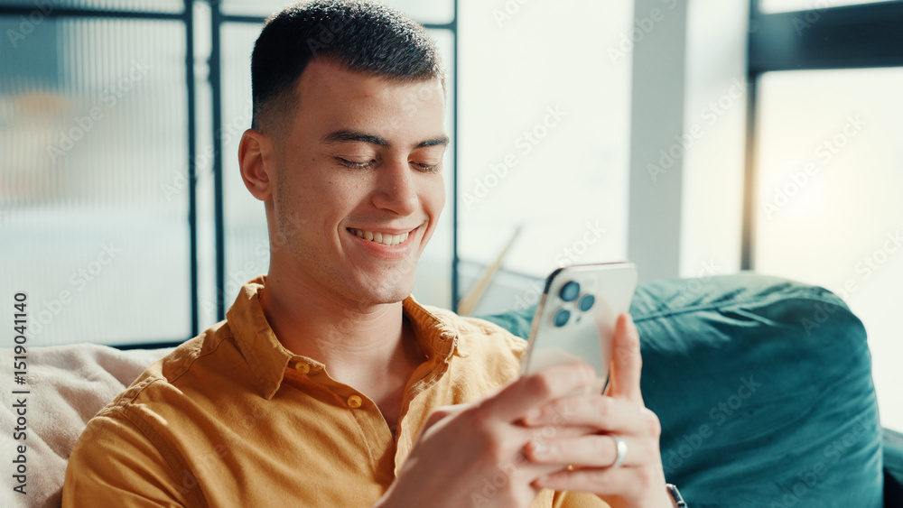 Aufkleber phone, relax and weekend with man on sofa in living room of home for break or internet browsing. app