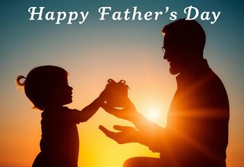 Silhouette of a child presenting a gift box to a father figure  Happy Father's Day concept, family time, present