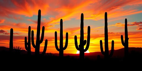 Silhouette of cacti against vibrant Arizona sunset, vector illustration,  landscape,  desert plants