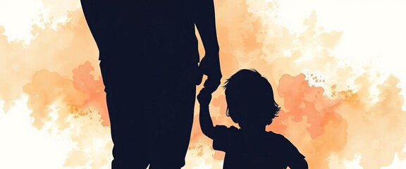 Silhouette of child holding adult's hand, abstract watercolor background, Father's Day theme,  care,   fatherhood
