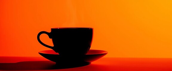 Silhouette of coffee cup and saucer with steam on vibrant orange background,  background,  vector