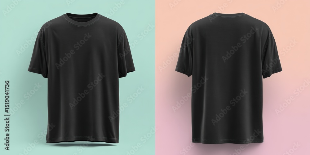 Aufkleber black blank t shirt template on a colorful background, front and back view mockup for design present