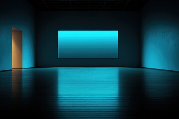 A dark, empty room with a large, light-blue rectangular window on the far wall, reflecting on the polished floor.  A door is visible to the left