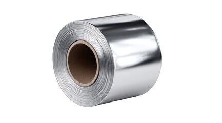 A coil of shiny, metallic material, tightly wound around a cardboard core, is presented against a black background.  The metal has a reflective surface