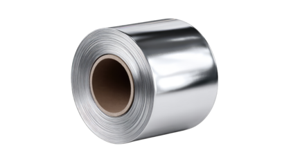 A coil of shiny, metallic material, tightly wound around a cardboard core, is presented against a black background.  The metal has a reflective surface