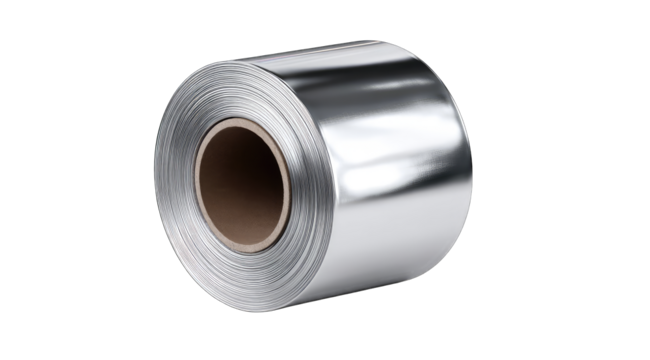 A coil of shiny, metallic material, tightly wound around a cardboard core, is presented against a black background.  The metal has a reflective surface