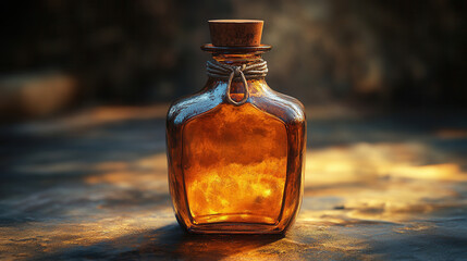 Close-up of amber glass bottle with wax stamp and empty tag