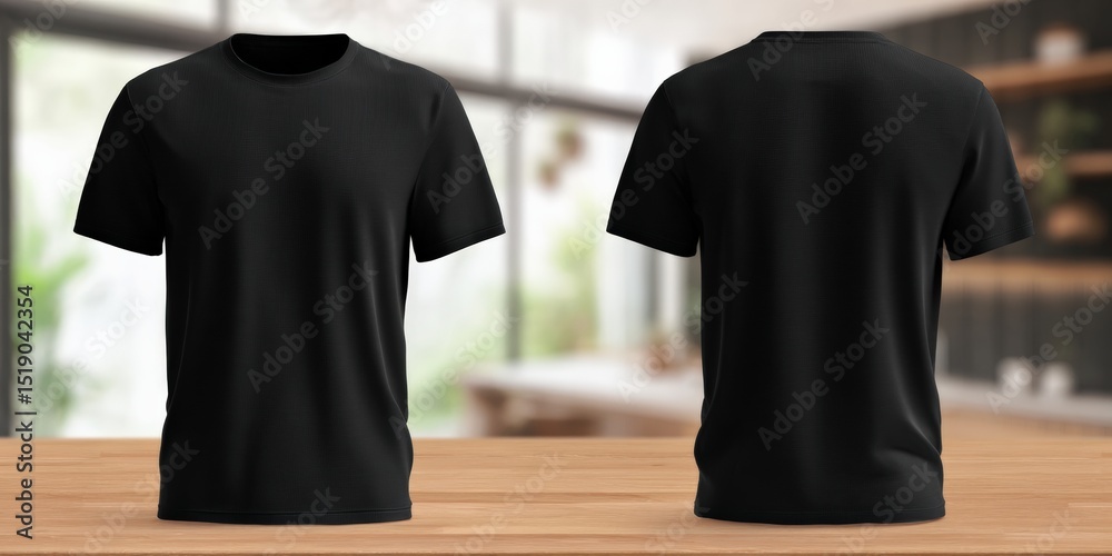 Aufkleber Front and back view of a black t shirt mockup standing on a wooden surface with a blurred background