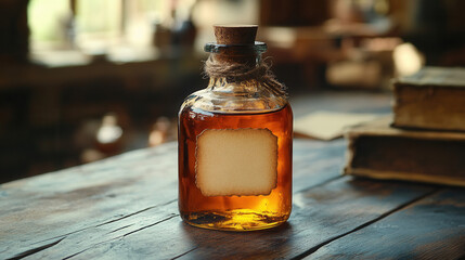 Close-up of amber glass bottle with wax stamp and empty tag
