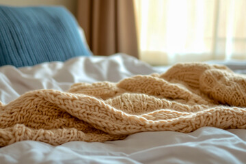 A close-up photo of a cozy knitted blanket draped over an unmade bed made of white sheets, with a soft blue sweater placed in the background - capturing an inviting bedroom scene.