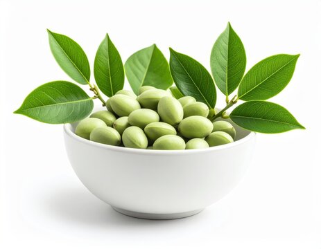 A pristine white bowl overflows with vibrant green fresh guar seeds garnished with lush green leaves against a stark white background perfect for healthy food concepts.