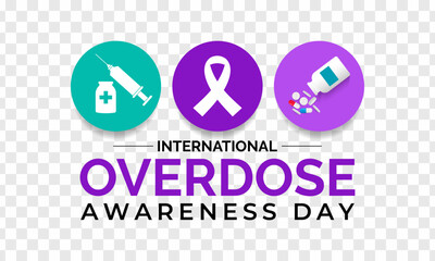 International Overdose Awareness Day. Unite for Prevention, Remember with Purpose. Syringe, pills, Medicine bottle, Capsules with powder or granules.. Purple Realistic ribbon. Banner poster, backgroud