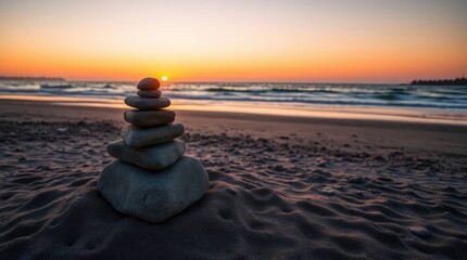 Serene Sunset Beach: Balanced Stones at Golden Hour
