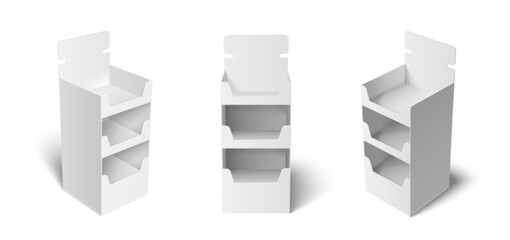 Set of white cardboard point of sale display stands with shelves. Blank retail product exhibitors, POI POS mock up isolated. 3d vector empty promotional countertop holders for branding designs.