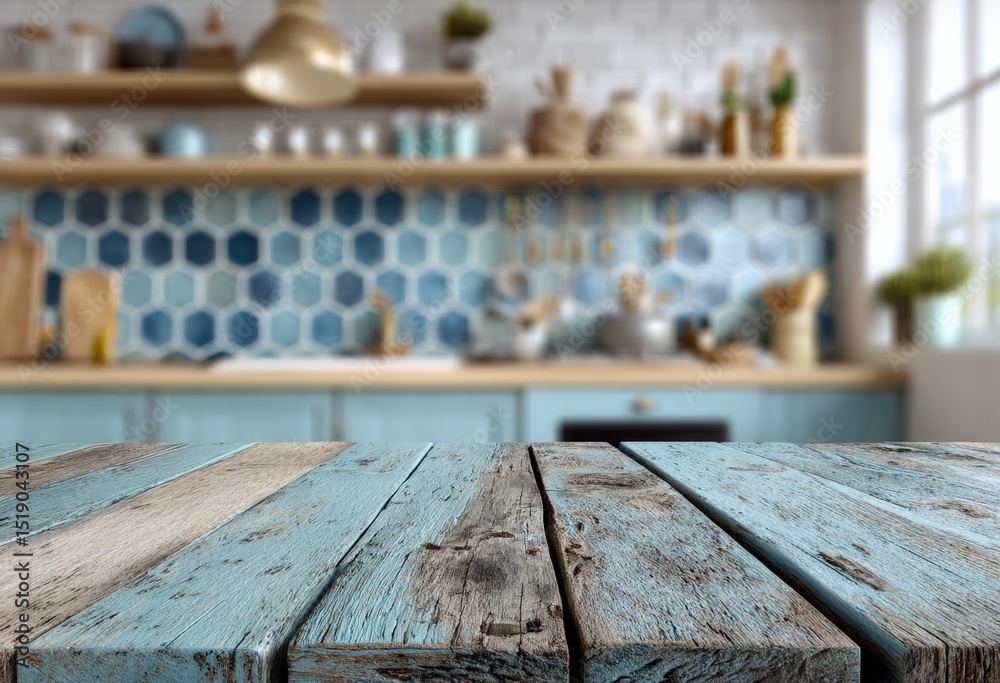 Poster empty wooden tabletop perspective for product placement or montage with focus to table top in the fo