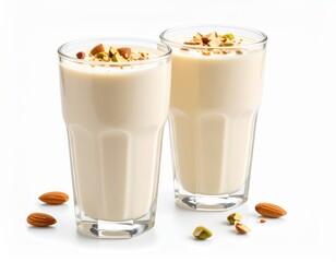 Two creamy almond and pistachio smoothies in tall glasses sit on a white background garnished with chopped nuts ready for refreshing enjoyment.
