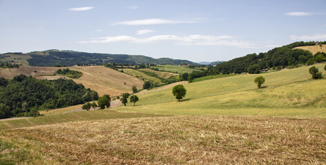 Landscape of Bologna, Valsamoggia countryside, showcasing rolling hills and harvested fields. Italy