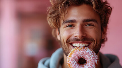 cheerful guy holding donut, ready to take a bite, bright mood